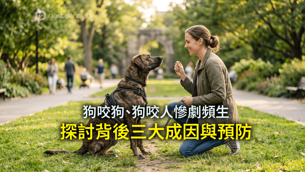 主人在戶外為大型犬隻佩戴牽引繩並進行服從訓練，以預防狗隻襲擊意外