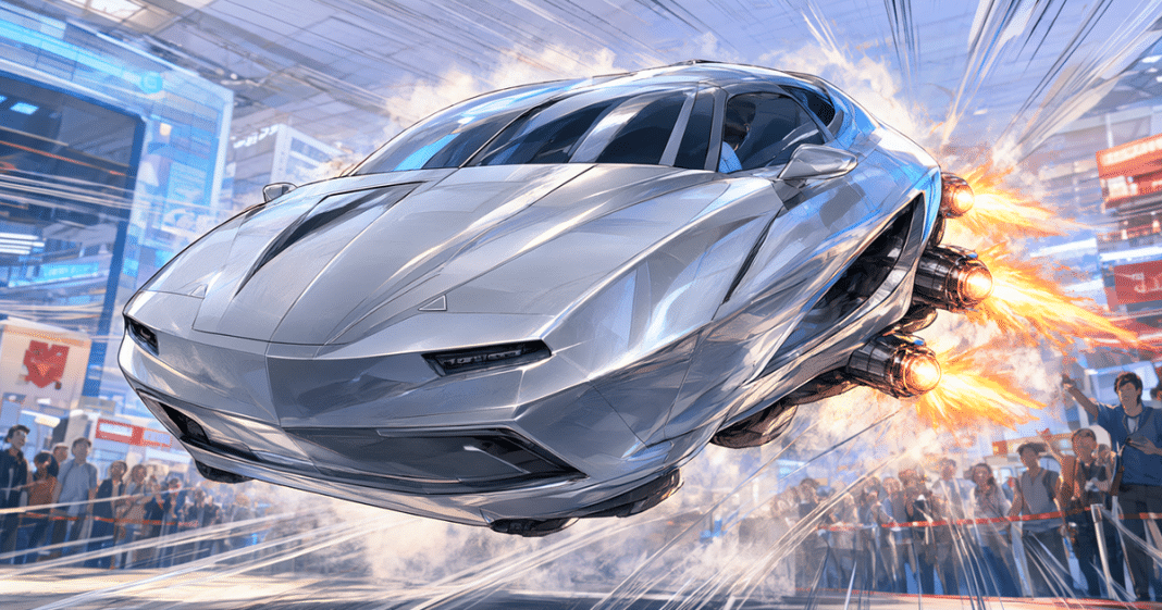 comic-style silver sports car mid-flip over trade-show booth lights, no text no logos