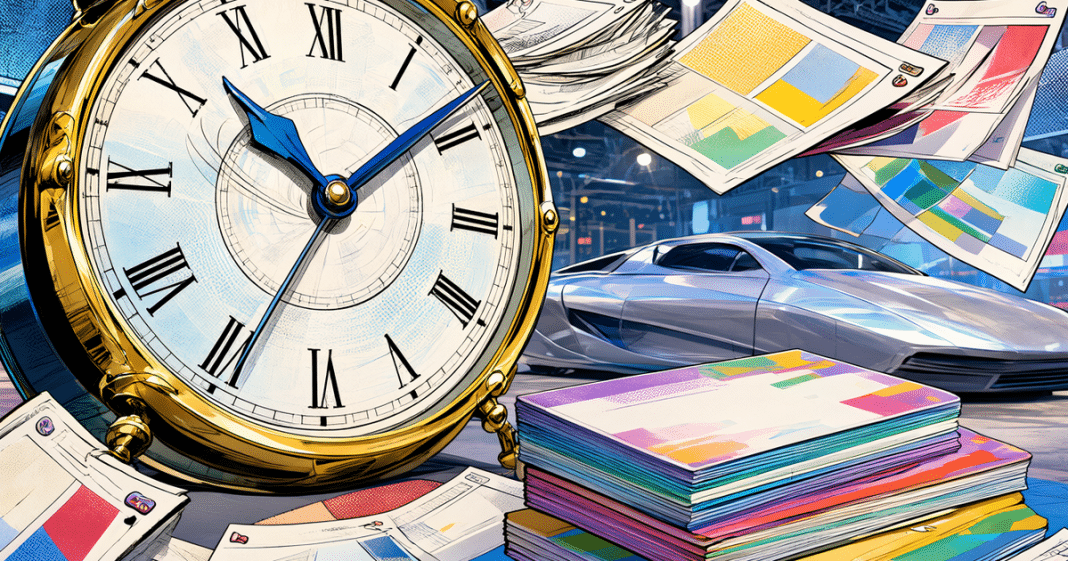 comic-style calendar pages and trade-show business cards, no text no logos