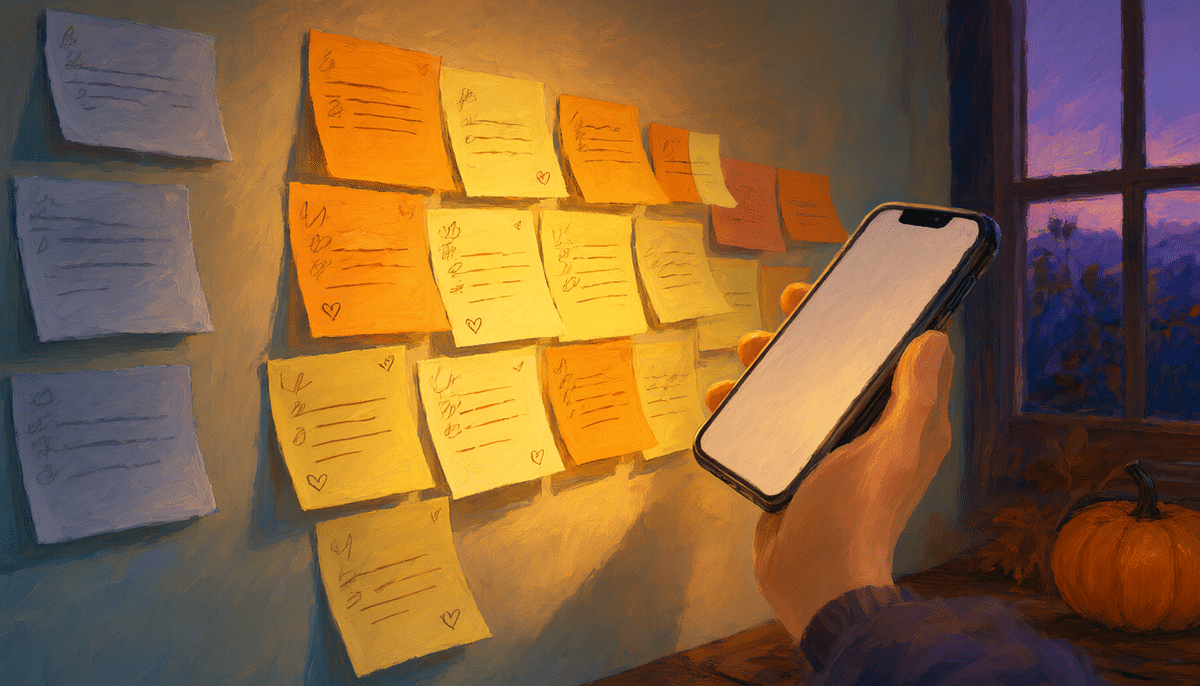 preparing a pain-point call with sticky notes and phone, no text