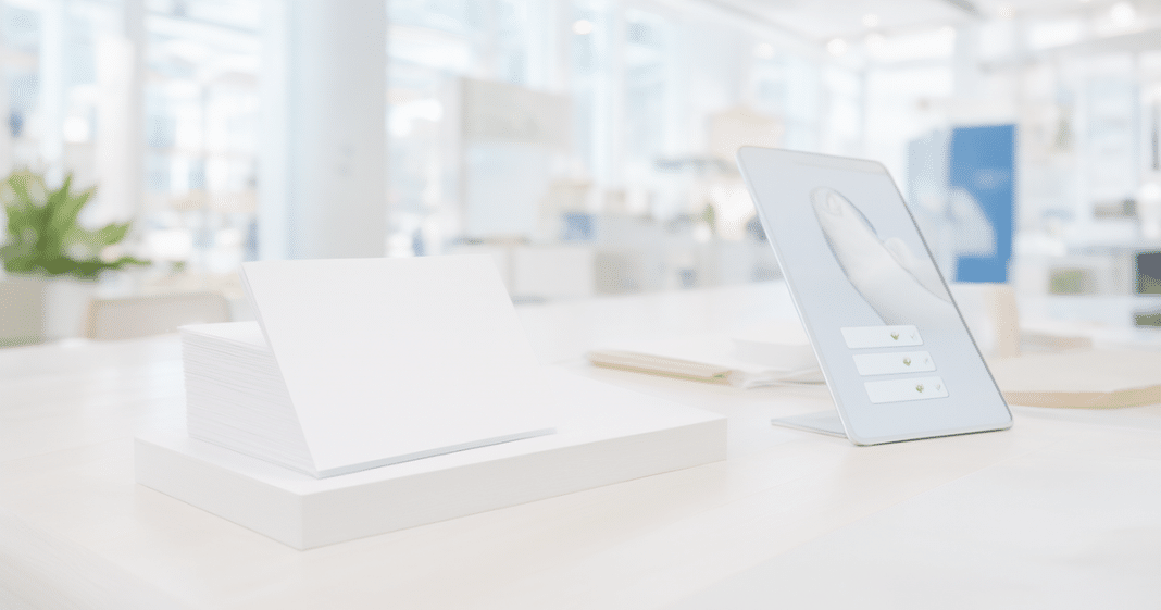 verifying name phone email company after scanning a paper business card at a trade show, no text overlays