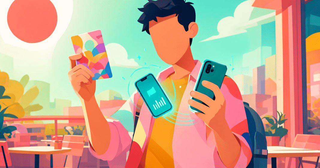 Illustration: a founder scans one vivid business card with a phone, soft teal scan arcs, personal follow-up not an enterprise CRM wall; no text, no brand logos