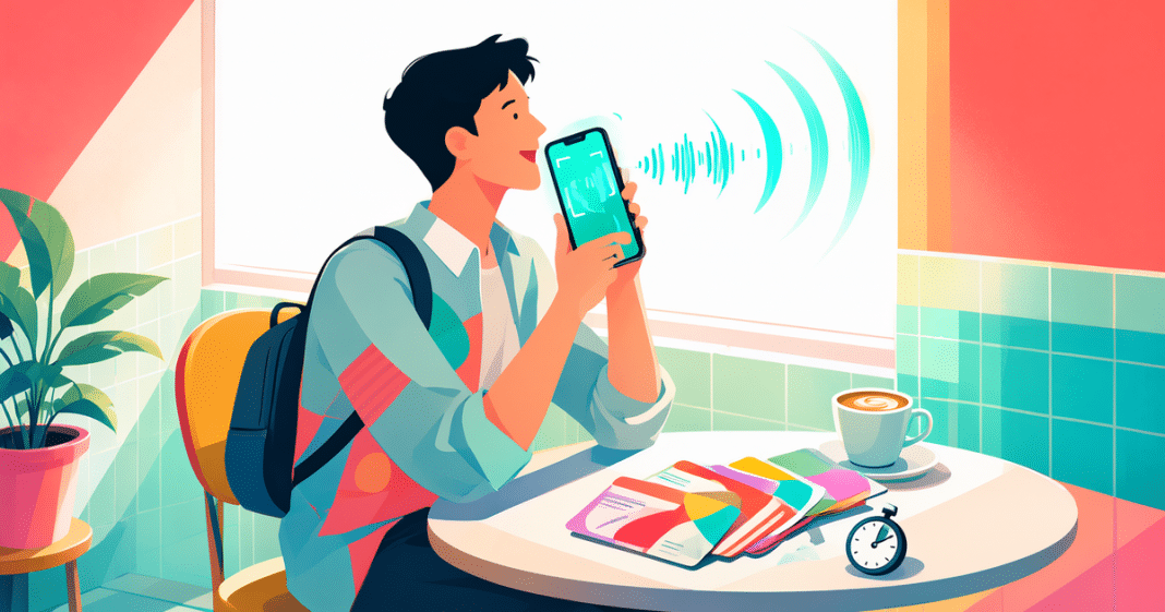 Illustration: a backpack-carrying founder by a café window records a voice note into a phone, with a stack of colourful business cards, a coffee and a timer on the table; no text, no brand logos